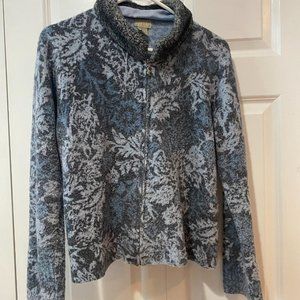 Sigrid Olsen Faux Fur Fine Knit Wool Blend Blue & Gray Zipper Cardigan Sz PL